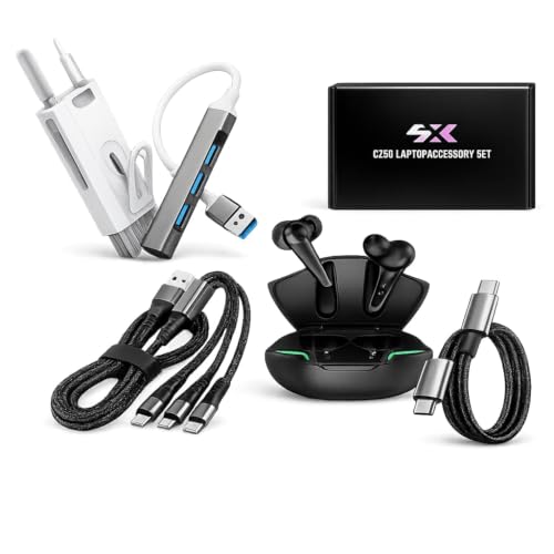 5-in-1 Laptop Accessory Bundle with USB-C Hub and Bluetooth Earbuds | 3-in-1 and USB-C Charging Cables, Electronic Cleaning Kit for Work, Study and Travel