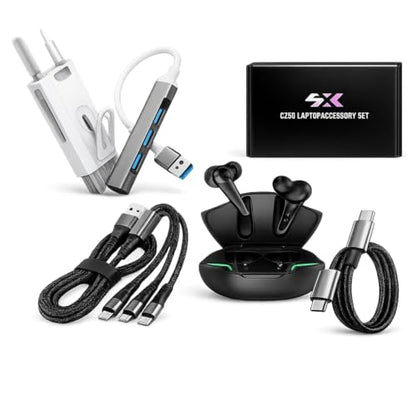 5-in-1 Laptop Accessory Bundle with USB-C Hub and Bluetooth Earbuds | 3-in-1 and USB-C Charging Cables, Electronic Cleaning Kit for Work, Study and Travel