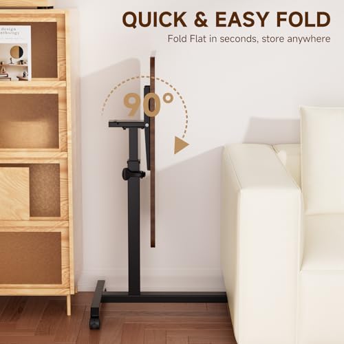 GTPLAYER Small Standing Desk, 24 Inches Foldable Mobile Rolling Laptop PC Table with Lockable Casters, Adjustable Height Overbed Bedside Table Computer Workstation for Home Office, Dark Brown-Foldable - color: Dark Brown-foldable
