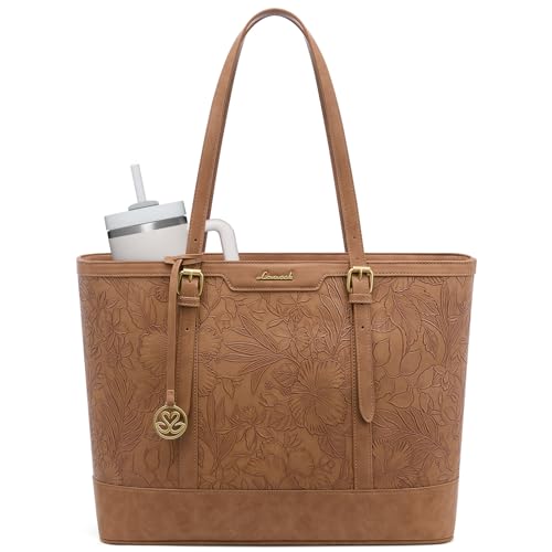 LOVEVOOK Laptop Bag for Women, 15.6 Inch Large Work Tote Bag with 40oz Cup Holder, Waterproof PU Leather Computer Briefcase for Teacher, Professional Business Shoulder Purse Floral Brown - color: Floral Brown, size: 15.6 inch