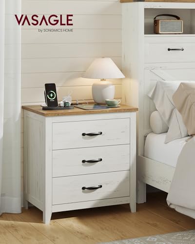 VASAGLE LIRY Collection - Farmhouse Nightstand with Charging Station, Set of 2, Bedside Tables, Side End Tables with 3 Drawers, for Bedroom, Rustic White and Honey Brown ULET979W01 - color: Rustic White + Honey Brown, size: 2 PACK, style: 23.6"W x 24.8"H