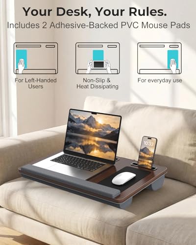 Potuopy Lap Desk- Fits up to 17” Laptop Lap Desk with Wrist Pad, Laptop Lap Pad, Lap Desks for Adults Laptop Stand for Bed with Cushion and 2 Upgraded Mouse Pads, Tablet and Phone Slots (Dark Brown) - color: Dark Brown