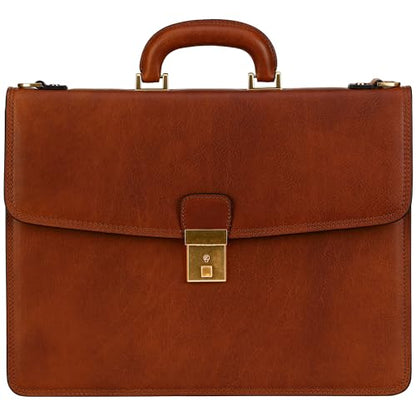 Time Resistance Leather Briefcase - Italian Handmade Leather Laptop Bag - Handbag for Men - Professional Computer Case - color: Cognac Brown