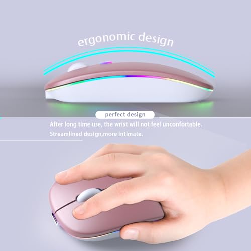 KANMABPC Wireless Bluetooth Mouse – Rechargeable, Silent, Dual Mode (Bluetooth 5.2 & USB) with LED Lights – Portable for Laptop, Desktop, & Tablet(Rose Gold) - color: Rose Gold