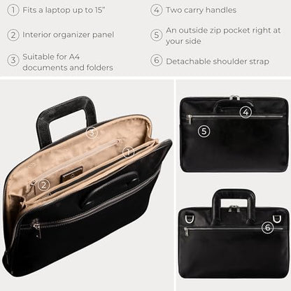 Time Resistance Slim Leather Briefcase - Italian Handmade Leather Computer Bag - Briefcase for Men and Women - Laptop Bag - color: Black
