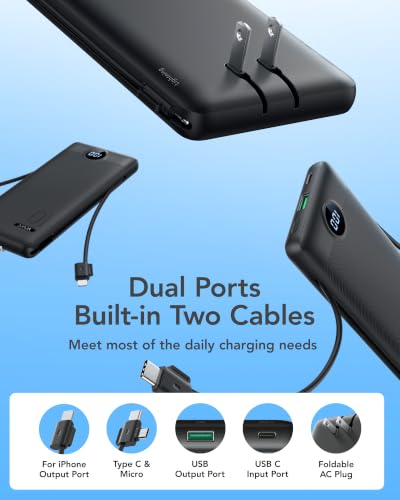 VRURC 10000mAh 22.5W Portable Charger, AC Plug & Built-in Cables,Black | Slim battery pack ,PD 20W fast charging, for business travel,compatible with iPhone & Samsung - color: Black