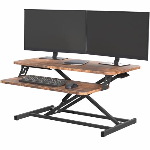 VIVO Rustic Vintage Brown 32 inch Stand Up Desk Riser, DESK-V000SN | Height Adjustable, Standing Desk Converter, Quick Sit to Stand, Tabletop Dual Monitor Riser Workstation, Minimal Assembly - color: Vintage Brown, size: 32"