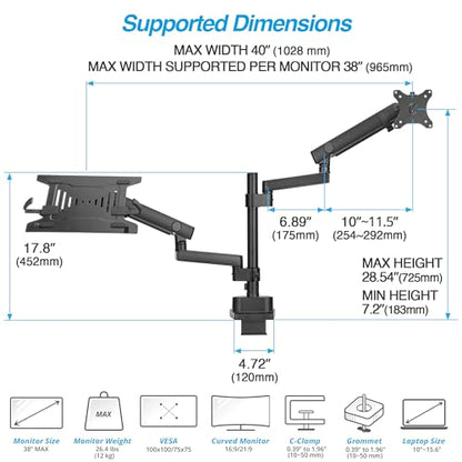 AVLT Laptop & Monitor Arm Pole Top Mount for 17-38" Screens - Black | Supports flat/curved/ultrawide screens up to 26.4 lbs. Mechanical spring, laptop tray, height adjustment and cable routing. - size: Laptop & 38 Inch Monitor Pole Arm