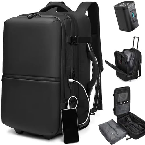 60L Vacuum Compression Backpack with Wheels Expandable Men Waterproof Carry On Luggage Travel Backpacks 17 inch Laptop Backpack Flight Approved(With Pump)