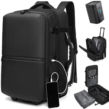 60L Vacuum Compression Backpack with Wheels Expandable Men Waterproof Carry On Luggage Travel Backpacks 17 inch Laptop Backpack Flight Approved(With Pump)