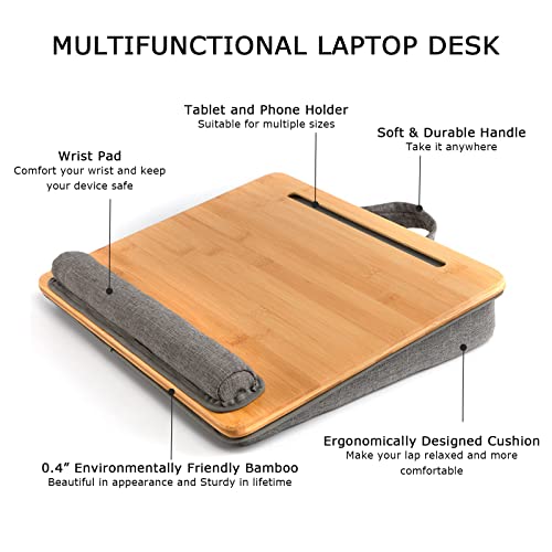 SUMISKY Lap Desk-Portable Laptop Stand with Cushion, Bamboo Platform with Phone Holder, Wrist Pad Fits up to 15.6 Inch Laptops - size: M(16.5"x13.4")