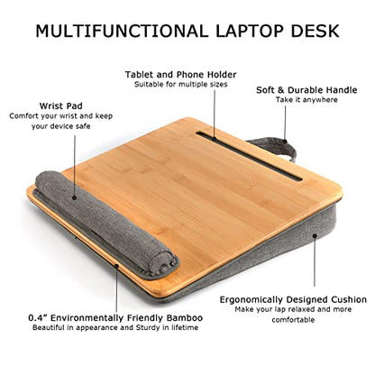 SUMISKY Lap Desk-Portable Laptop Stand with Cushion, Bamboo Platform with Phone Holder, Wrist Pad Fits up to 15.6 Inch Laptops - size: M(16.5"x13.4")