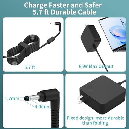 Charger for Lenovo Laptop 65W, Lengthened Power Cord, Round Tip AC Adapter Compatible with IdeaPad 1/3/5, Slim 3/5/7, Flex 5 (14/15/16), V14/V15/V17, S145, S340, 320/330 Series for Home Office Travel