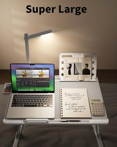 Laptop Bed Tray Desk with LED Desk Lamp, SAIJI Laptop Stand for Bed | XX-Large PVC Leather Foldable Table with Book Stand, Wrist Rest, Extra Leg Room for Sofa Couch Floor (Gray) - color: Gray