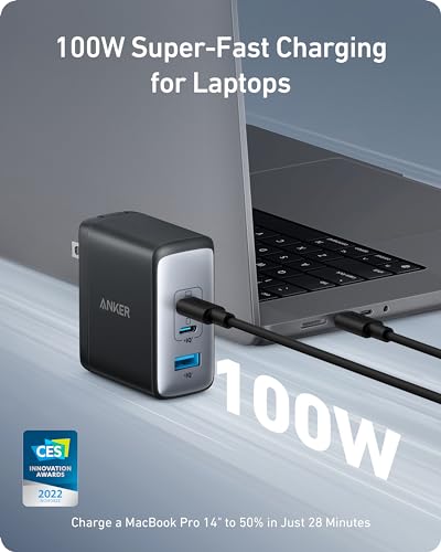 Anker Nano 100W MacBook Charger, 3-Port Fast Compact GaN USB Charger Block for MacBook Pro/Air, Pixelbook, ThinkPad, Dell XPS, iPad Pro, iPhone 17 Series, Galaxy S23,and More (Black, 1 Pack & 1 Cable) - color: black