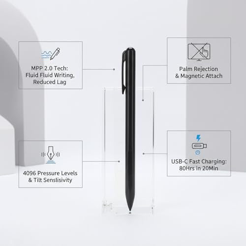 Active Pen, Stylus Pen for Touchscreen Laptop with 4096 Pressure Levels, Rechargeable Digital for Drawing and Writing with Palm Rejection (Black) - color: Black