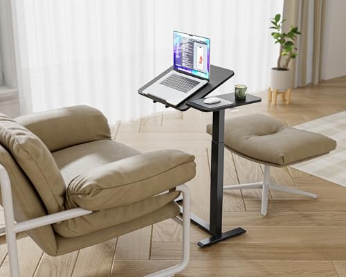 Ywin Medical Overbed Table with Wheels, Lift 27-43in, Black | Steel frame & wood top, 0-60° tilt, rolling casters, 66lb load, pneumatic adjustable height for Bed/hospital/couch/office - color: Black-1, size: 27.6" x 15.8"