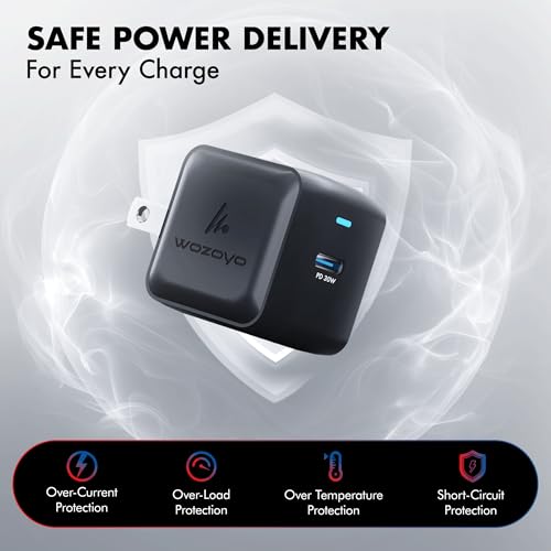 PD 30W Wozoyo GaN Charger, Type-C Fast Charger Compatible for iPhone 17/16/16 Pro Max/15 Series/iPad Pro, Smartphones & Tablets, QC 3.0,Compact Foldable Plug Design, Smart Power Delivery