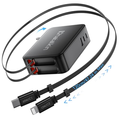 65W for MacBook Pro Charger,5-in-1 Retractable Wall Charger Plug for iPhone 17,3.94 ft PD USB C&Lightening Cable&3 Ports,Fast Charging Block for Mac Book Pro/Air,M1 M2 M3 M4 M5,iPad Pro,Galaxy,Pixel - color: Black