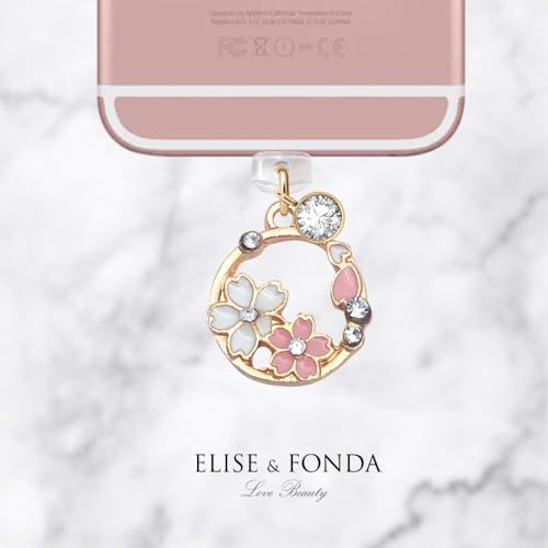 ELISE & FONDA CP85 USB Charging Port Anti Dust Plug Little Cherry Blossom Garland Pendant Phone Charm for iPhone 12/11/ XS MAX/XR/X/8 Plus/7/6S/7/SE iPad iPod（Pink）