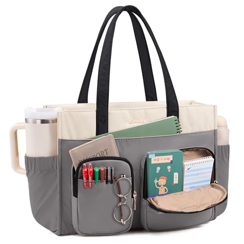LOVEVOOK Teacher Tote Bag for Women,Multi-pocket Laptop Bag with Large Cup Holder,Nurse Bags Work Travel Computer Handbag - color: Gray, size: 15.6 inch