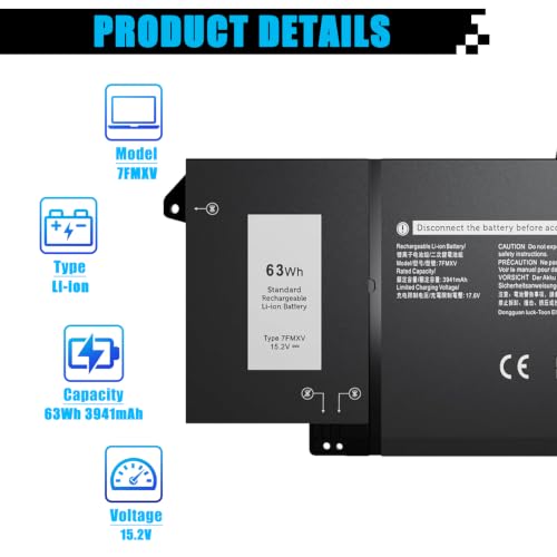 63Wh 7FMXV Laptop Battery Replacement for Dell Latitude 5320 7320 Latitude 7420 7520 Series TN2GY 0TN2GY 9JM71 4M1JN 1PP63 727CG HDGJ8 MHR4G CN-0727CG CN-0TN2GY 15.2V 3941mAh 4-Cells - size: 10.43*3.71*0.26 inch 7FMXV