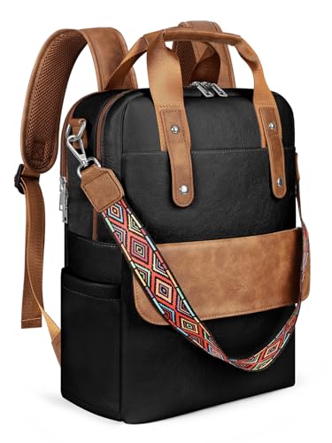 Leather Laptop Backpack 15.6 inch Womens Computer Bag Brown | 3-in-1 laptop purse: Dedicated 15.6" Compartment, 7-Pocket Organizer, Colorful Shoulder Strap, Work & Travel Ready - color: Black Brown