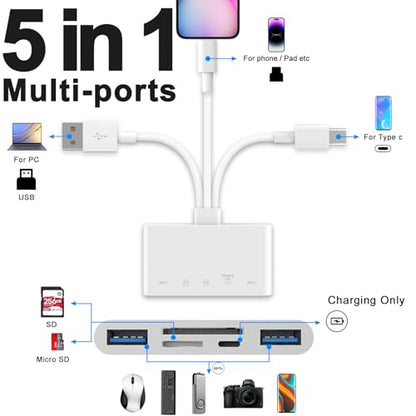 5-in-1 Memory Card Reader, USB OTG Adapter & SD Card Reader for i-Phone/i-Pad, USB C and USB A Devices with Micro SD & SD Card Slots, Supports SD/Micro SD/SDHC/SDXC/MMC - color: white