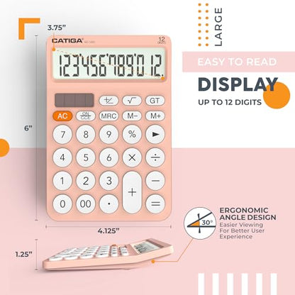 CATIGA 12 Digit Desktop Calculator Basic Desk Calculator with Large LCD Display, Big Buttons, 4 Function, Solar and Battery Dual Power, for Office, School, Home, SD-1292 Pink - color: 2) Pinkwhite