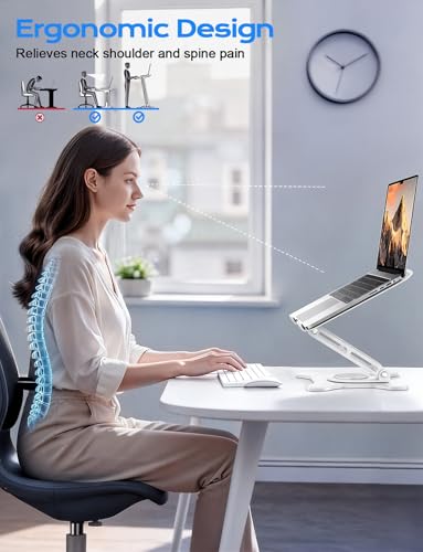 JCZT 360° Rotating Laptop Stand for Desk, Metal Foldable Laptop Riser White | Ergonomic Portable Adjustable Laptop Stand, Ventilated Cooling Notebook Holder for MacBook Air Pro, All 10-16'' Laptops - color: White