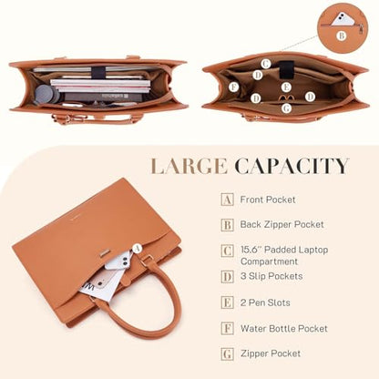 Missnine Laptop Tote Bag for Women 15.6 Inch Leather Work Bags Teacher Computer Purse Briefcase Handbag for Office, Travel - color: Bow Brown