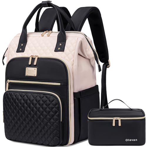 Otevan 15.6 Inch Laptop Backpack for Women, Work Backpack with Lunchbox, Insulated Backpack Cooler, Teacher Nurse Travel Backpack for Women, Beige/Black, 24009 - color: Beige/Black