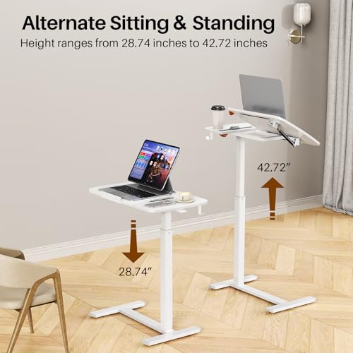 Overbed Table with Wheels, Pneumatic Height and Tilting Desktop | Top Tilts 0-60° with Anti-Slip Stops, Hook, Capacity 66 lbs, 1.18 in Low-Profile Base Slides Easily Under Beds and Sofa - color: White