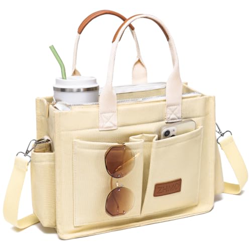 Canvas Tote Bag for Women,Women's Bags Crossbody Bags Work Laptop Tote Bag Large Handbags Purse for Travel Nurse Teacher - color: New Upgrade Beige With Compartments and Side Cup Holders