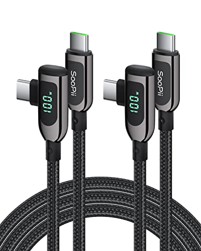 SOOPII 100W Right Angle USB C to USB C Cable,2Pack 4FT Zinc Alloy Case Nylon Braided Type-C Cable with LED Display for lPad Mini/Air/Pro,MacBook Pro,Samsung S23/S22/S10,Pixel,LG(1.2m,Black) - color: Black, size: 2-Pack 4 ft