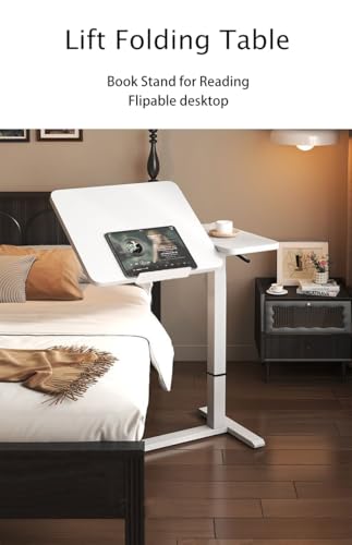 Foldable Bedside Table, Height Adjustable Overbed Bedside Desk Mobile Rolling Laptop Stand Tilting Sofa Side Table with Wheels, Folding Tray Tables for Laptop Bed Couch, Gift for Family, White-1 - color: White-1
