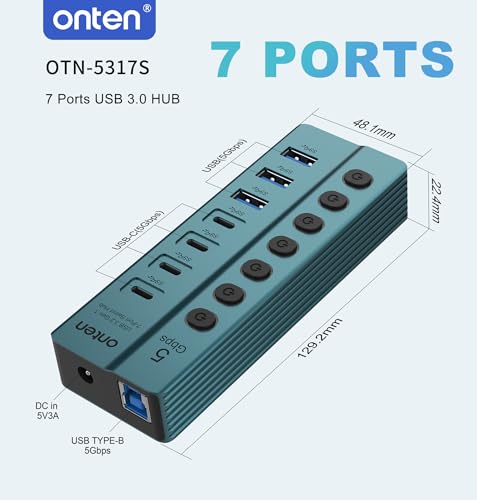 Onten 7-PortUSB 3.0 USB-C Hub, 5Gbps High - Speed Data Transfer, Independent Switches, Wide Compatibility for Laptop, Pad, Phone, Game Console