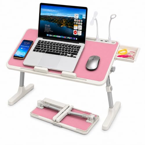 Laptop Desk for Bed, Height & Angle Adjustable Lap Desk with USB Cooling Fan, LED Light and USB Ports, Foldable Portable Laptop Table for Couch, Sofa, Floor, Reading, Writing (Pink) - color: Pink