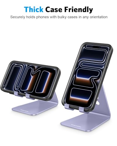 OMOTON Adjustable Cell Phone Stand, C2 Aluminum Desktop Cellphone Stand with Anti-Slip Base and Convenient Charging Port, Fits All Smart Phones, Haze Purple | Sturdy 3mm Aluminum, Charging Port, 270° Adjustable, Non-Slip Silicone Pads, Works with Thick Ca