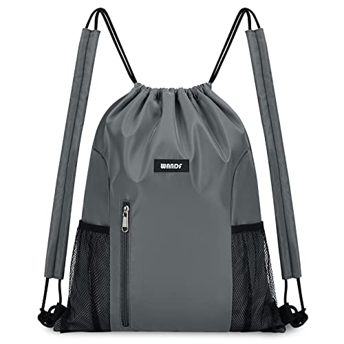 WANDF Drawstring Backpack, Gym String Bag with Shoulder Pad | Water-Resistant, Sports, Travel, Beach, Daily Carry, for Men Women - color: M, Grey, size: Medium