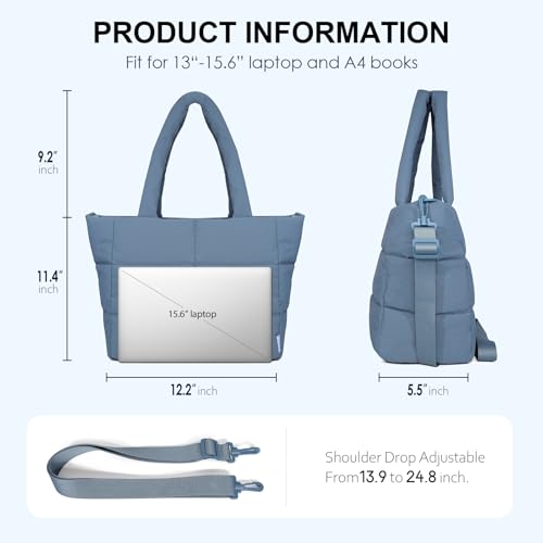 NOL Large Puffy Quilted Tote Bag for Women, Lightweight with Removable Strap & Zippered Compartments for Travel & Work - color: Dusty Blue