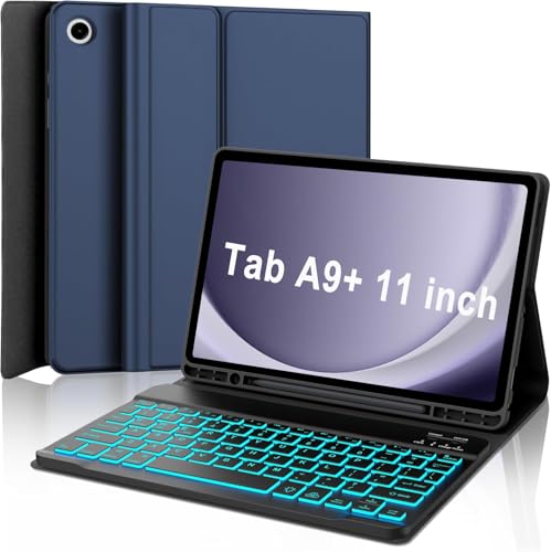 Keyboard Case for Samsung Galaxy Tab A9 Plus 5G 11 inch 2023 (SM-X210/X216/X218), 7 Color Backlit Detachable Keyboard Bluetooth, Smart Folio Cover with S Pen Holder for Galaxy Tab A9+ 11", Dark Blue - color: Dark Blue