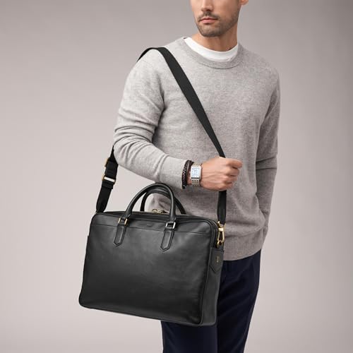 Fossil Men's Haskell or Asher Leather Messenger Briefcase Work Laptop Bag for Men - color: Asher Black Leather