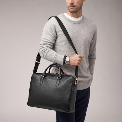Fossil Men's Haskell or Asher Leather Messenger Briefcase Work Laptop Bag for Men - color: Asher Black Leather