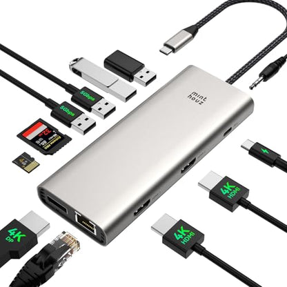 Minthouz Laptop Docking Station,12 in 1 USB C Hub Dual Monitor HDMI | 4K Dual DP+HDMI,2 5Gbps+2 480Mdps,100W PD,SD/TF+Audio USB C Hub for MacBook Pro, MacBook Air, Dell and More