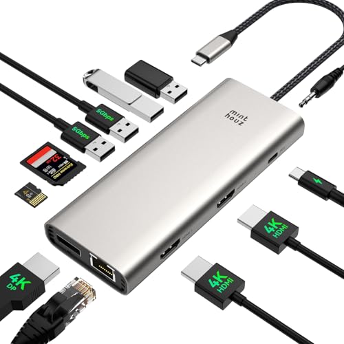 Minthouz Laptop Docking Station,12 in 1 USB C Hub Dual Monitor HDMI | 4K Dual DP+HDMI,2 5Gbps+2 480Mdps,100W PD,SD/TF+Audio USB C Hub for MacBook Pro, MacBook Air, Dell and More