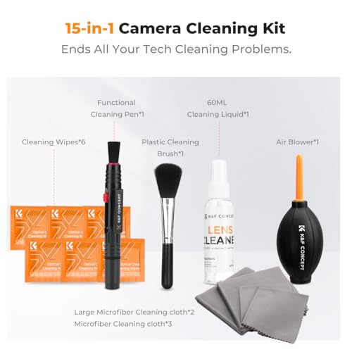 K&F CONCEPT 15 in 1 Camera Pro Cleaning Kit for DSLR and Sensitive Devices | 60ml Purified Water, Strong Blower, Multifunctional Pen, Portable Cloth, Camera Accessories and Photography Accessori,MK04