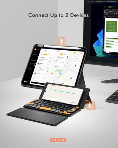 Doohoeek Travel Keyboard with Touchpad, Universal Compact Keyboard with Large Trackpad & Any-Angle Stand for Android/iOS/Windows, Dual-Device Bluetooth Keypad for Phones/Galaxy Z Fold/iPad mini