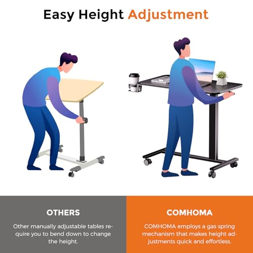 COMHOMA Adjustable Overbed Bedside Table with Lockable Wheels, Pneumatic Mobile Standing Laptop Desk, Small Standing Desk Portable Rolling Overbed Table Hospital Home Use(32" W x 18" D, Black) - color: Black, size: Large