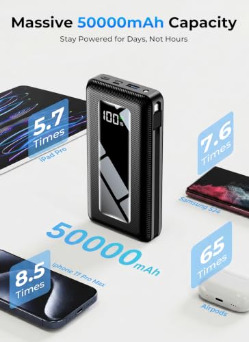50000mAh High-Capacity Power Bank with Built-in Cables, 22.5W Fast Charging | Ultra-High Capacity, Travel Essential, Charge 4 Devices, Flashlight, for iPhone 17/16/15 Series, Samsung, iPad & Laptops Onyx - color: Onyx